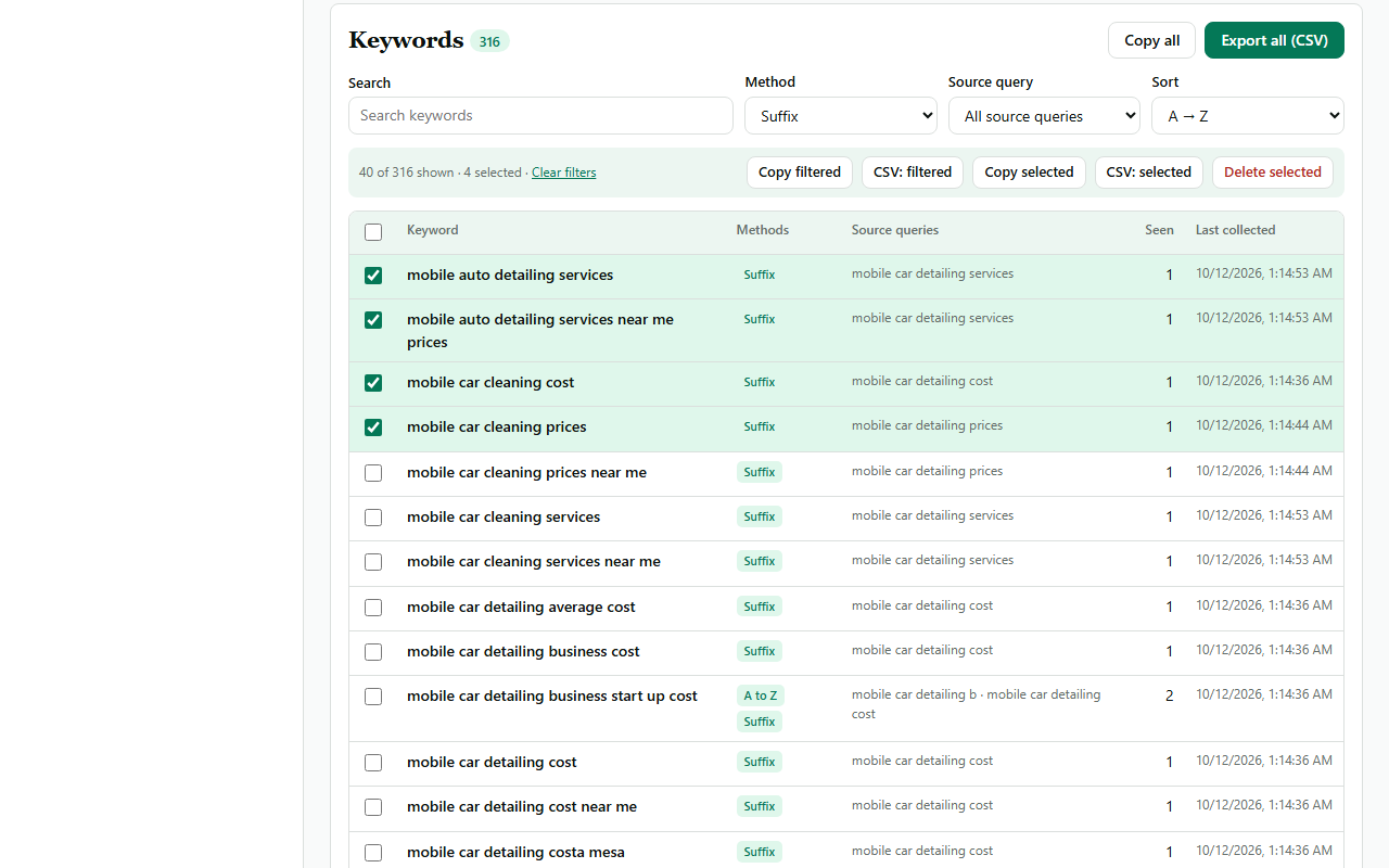 NicheSpark keyword table filtered to suffix research with four keywords selected for export