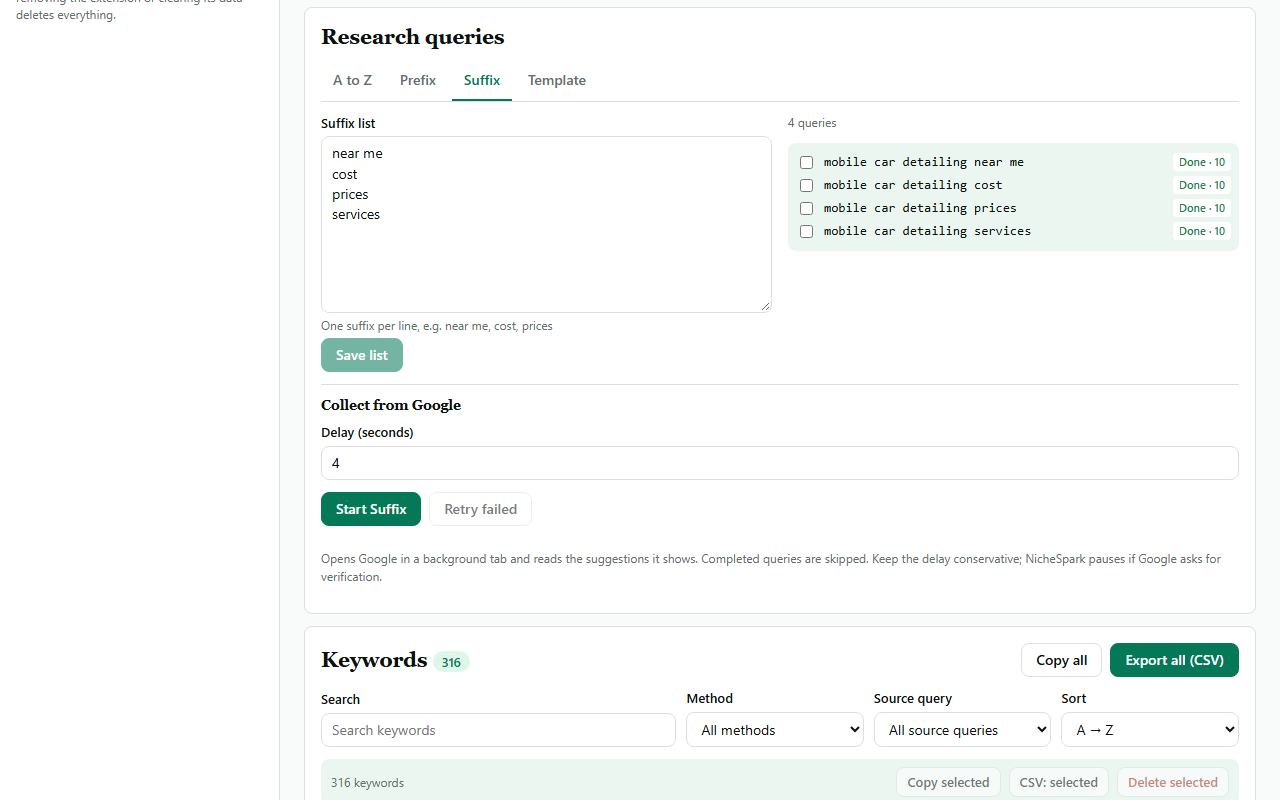 Suffix list with near me, cost, prices and services, each query marked done with ten suggestions